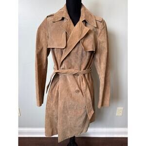 Vintage Y2K 90's Tan Soft Leather Suede Belted Trench Coat Pockets Women's Sz M
